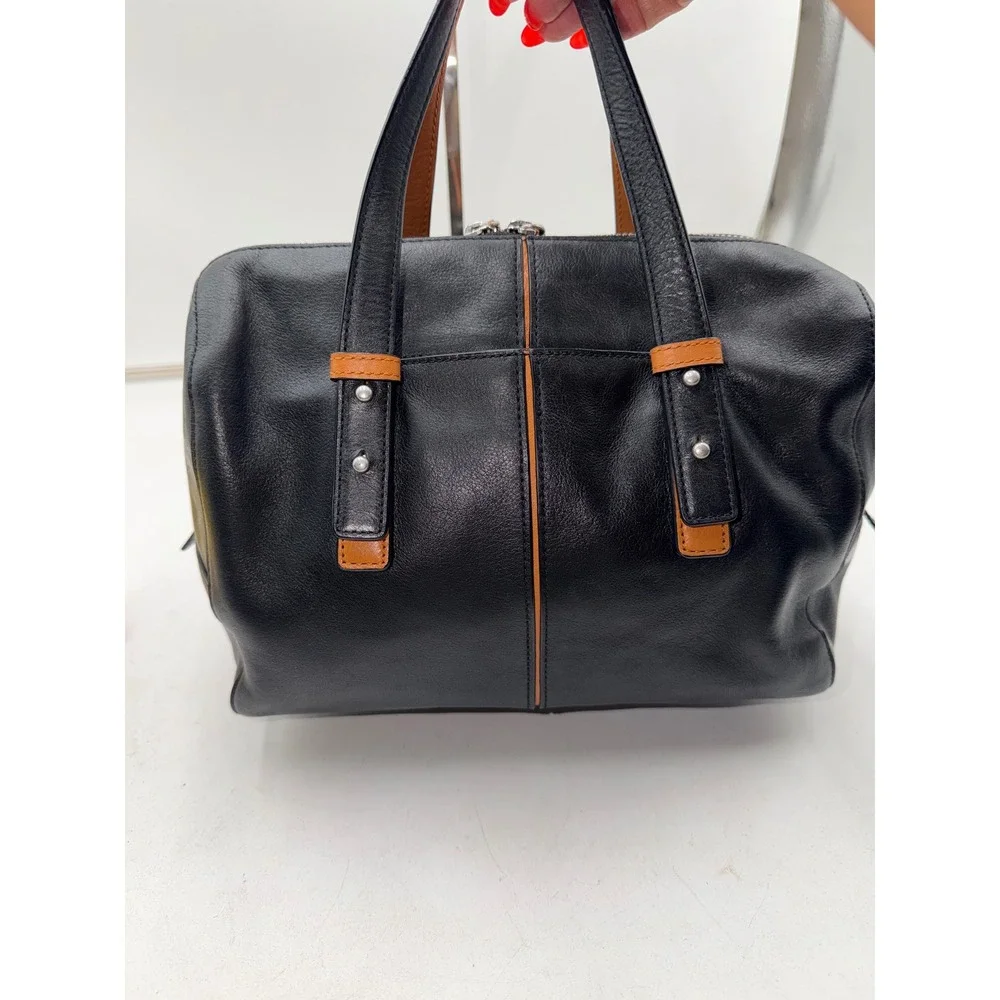 Vera Bradley Black Leather Satchel Crossbody Bag Floral Lining Tan Trim